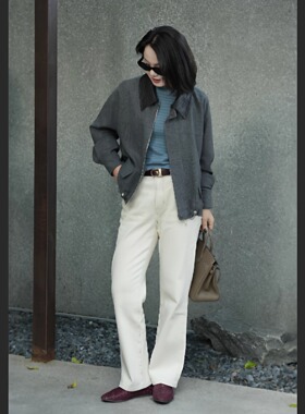 喵喵家  【B-v御用面料】早秋休闲时尚女士女翻领长袖灰色小外套