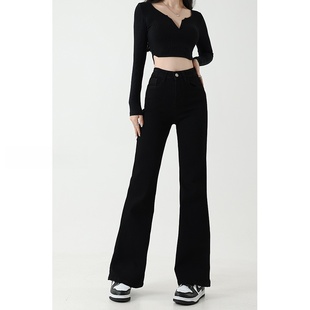 胖mm高腰显瘦梨形身材马蹄裤 黑色弹力微喇叭牛仔裤 女秋冬加绒大码