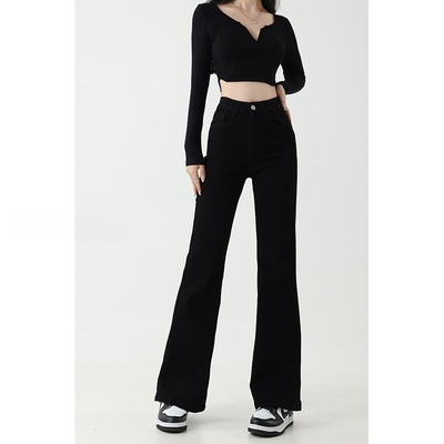 黑色弹力微喇叭牛仔裤女秋冬加绒大码胖mm高腰显瘦梨形身材马蹄裤