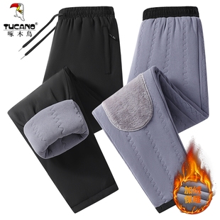 子男士 拉链中老年长裤 冬季 加厚宽松直筒裤 加绒保暖休闲裤 啄木鸟裤