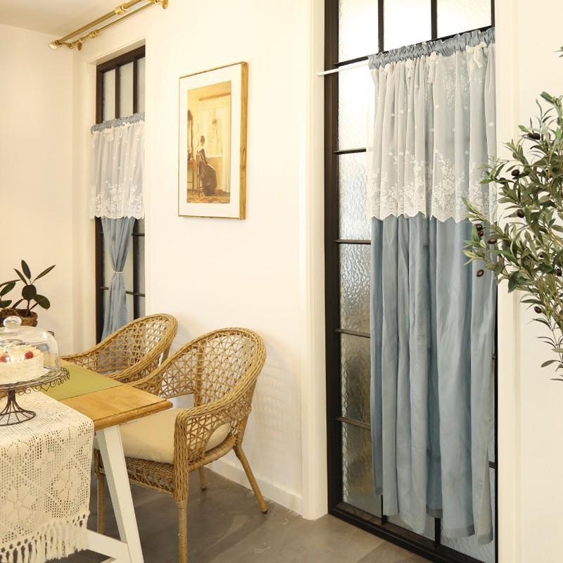 文艺小清新淡牛仔蓝色门窗窗帘隔断帘美式纯色穿杆免打孔