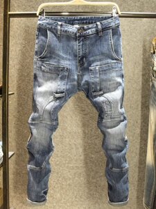 春夏新款潮牌工装牛仔裤男弹力修身小脚高街潮男个性拼接贴布长裤