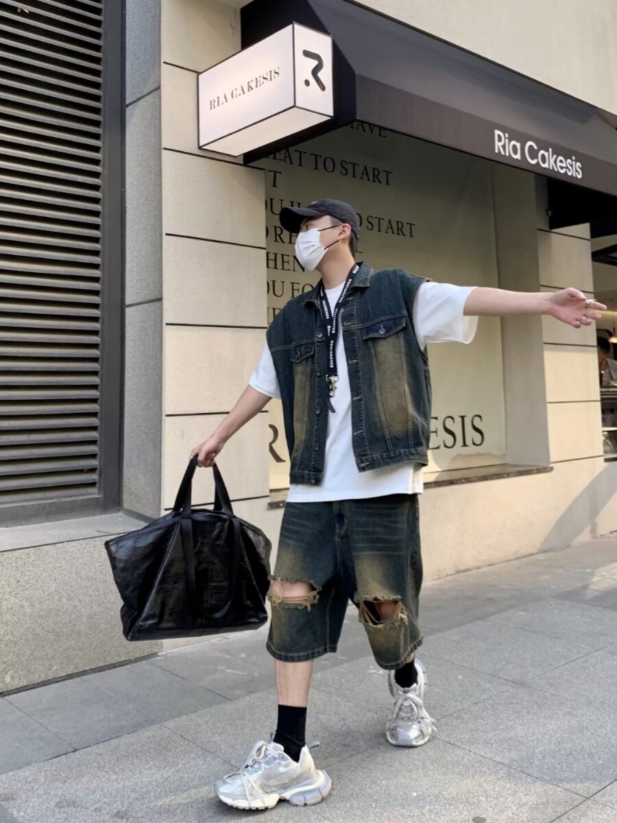아메리칸 레트로 데님 조끼 찢어진 반바지 남녀 투피스 슈트 여름 커플 루즈 민소매 조끼 자켓