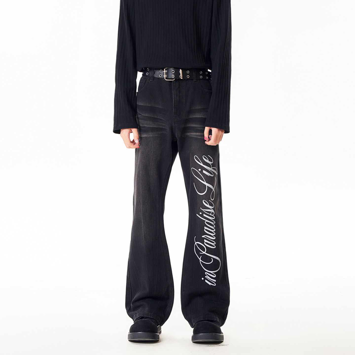 Fearless Land新款春季男款休闲裤牛仔裤微喇显腿长印花修身潮流