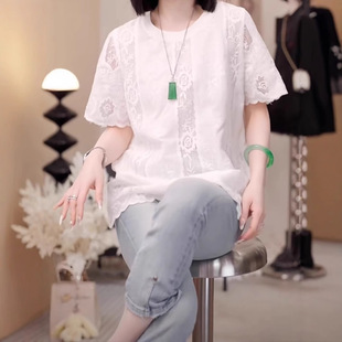 減齡百搭休閑歐若風(fēng)玫瑰提花拼花邊鏤空百搭短袖 設(shè)計(jì)感時(shí)尚 上衣