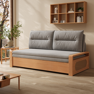 实木沙发床两用伸缩双人1米5多功能小户型中古风藤编客厅储物折叠