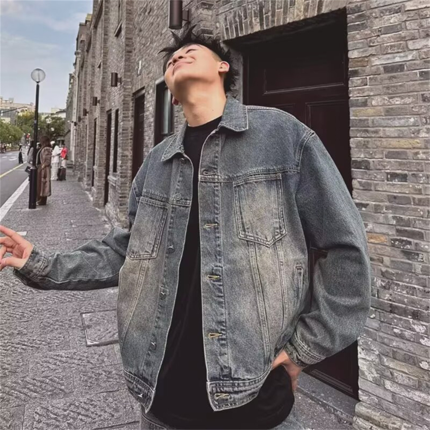 美式复古做旧水洗蓝色牛仔外套男短款夹克高级潮流bf慵懒风褂子