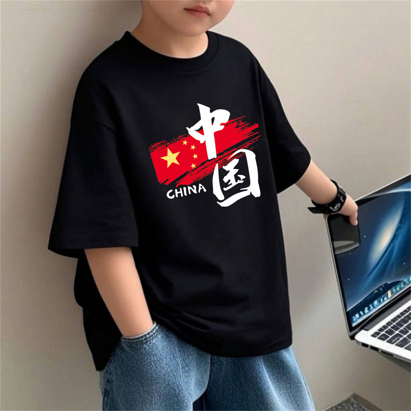 纯棉中国风男童女童短袖t恤夏季薄童装儿童表演服活动上衣爱国潮T