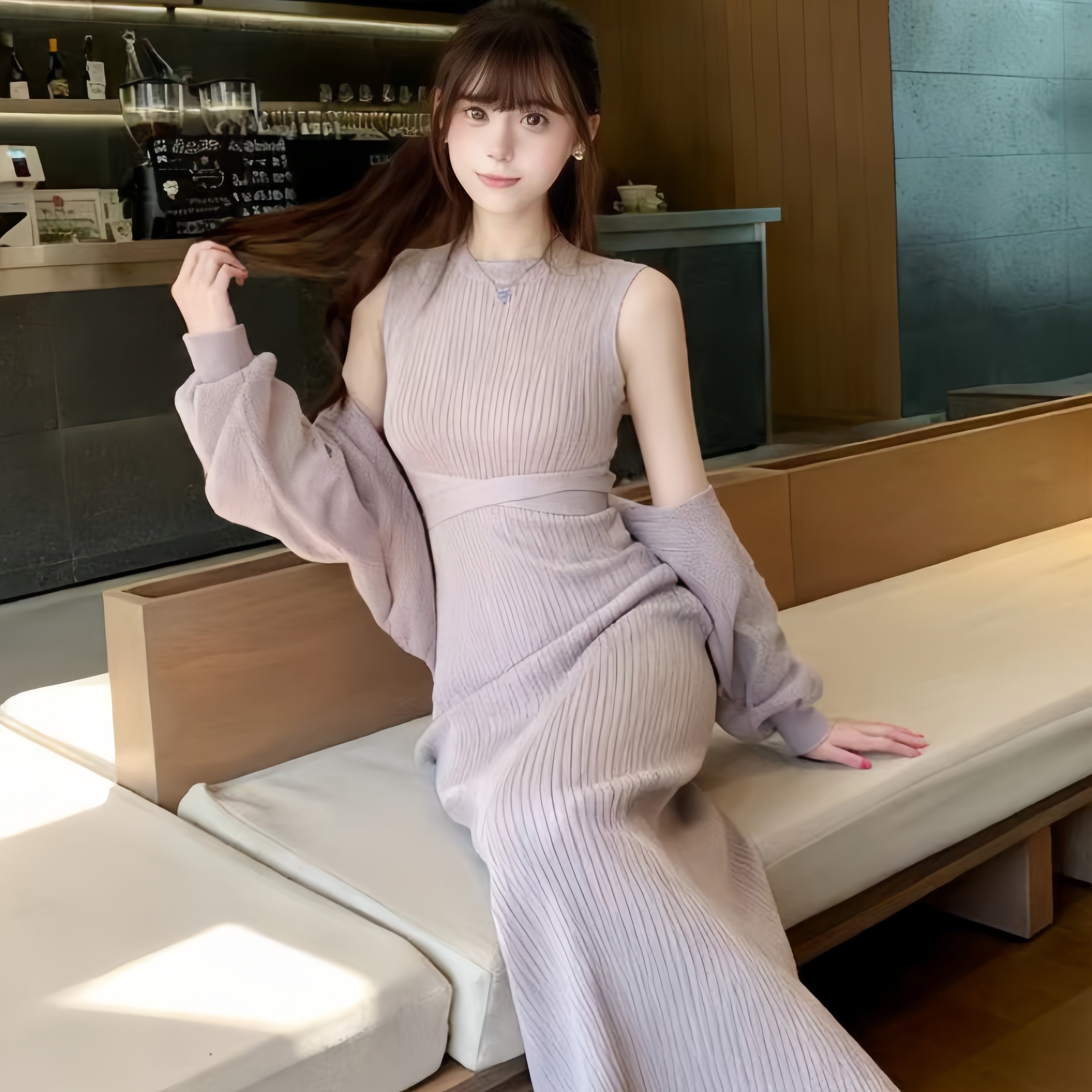 日系小众纯欲风系带罩衫无袖背心交叉设计感长款包臀连衣裙两件套