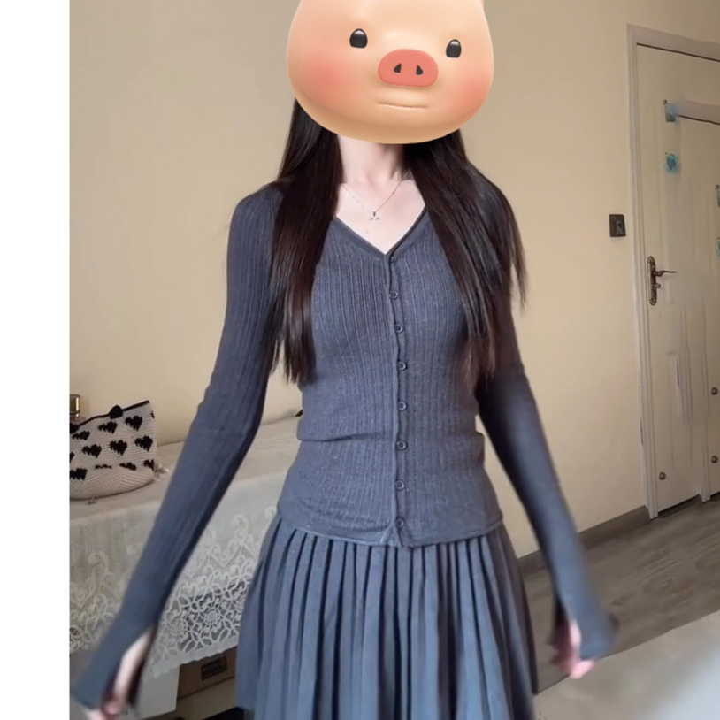 简约深灰色毛衣针织开衫套装裙女秋冬季新款百褶半身裙两件套女装