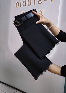 裤 2025年春秋新款 高腰弹力显瘦流苏喇叭时装 韩版 潮 黑色9分微喇裤