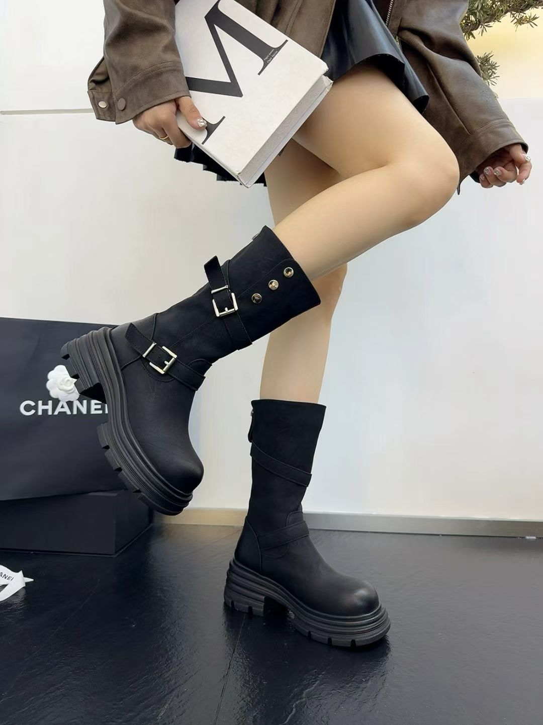 潮流中筒靴2025年冬新款英伦风大棉厚底增高中筒休闲靴保暖显腿长