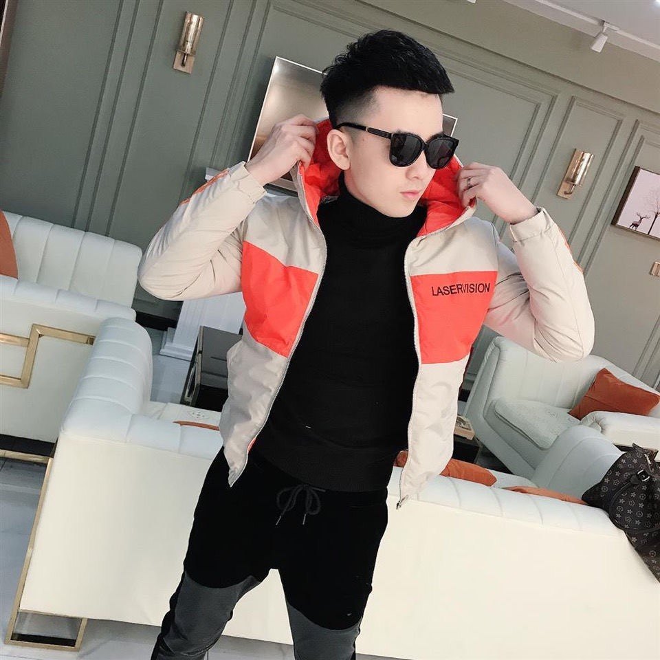 新款拼接连帽棉衣男冬季加厚保暖短款棉服男帅气修身韩版印花棉袄