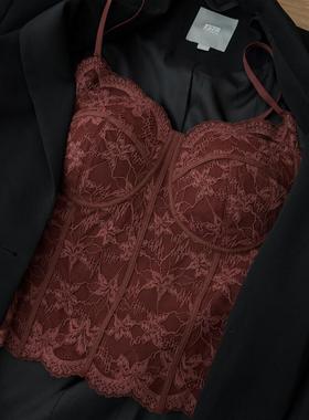 秋冬加绒蕾丝吊带背心女自带胸垫内搭可外穿鱼骨修身保暖红色内衣