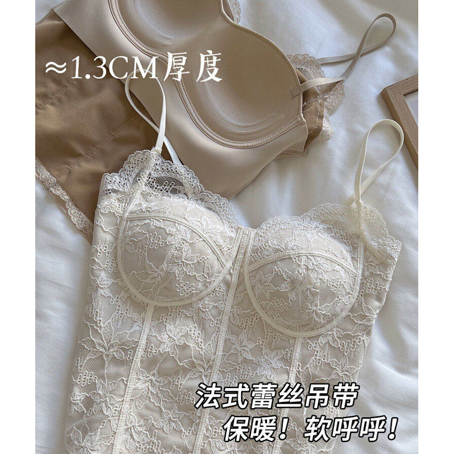 秋冬加绒蕾丝鱼骨吊带背心女2025新款保暖带胸垫内搭外穿打底