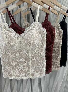 M6099微磨毛法式吊带背心内衣女修身蕾丝打底一体固定杯收副乳优