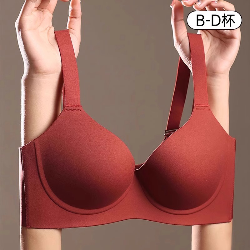 红色内衣女结婚新娘大胸显小薄款聚拢大码收副乳本命年无痕文胸罩