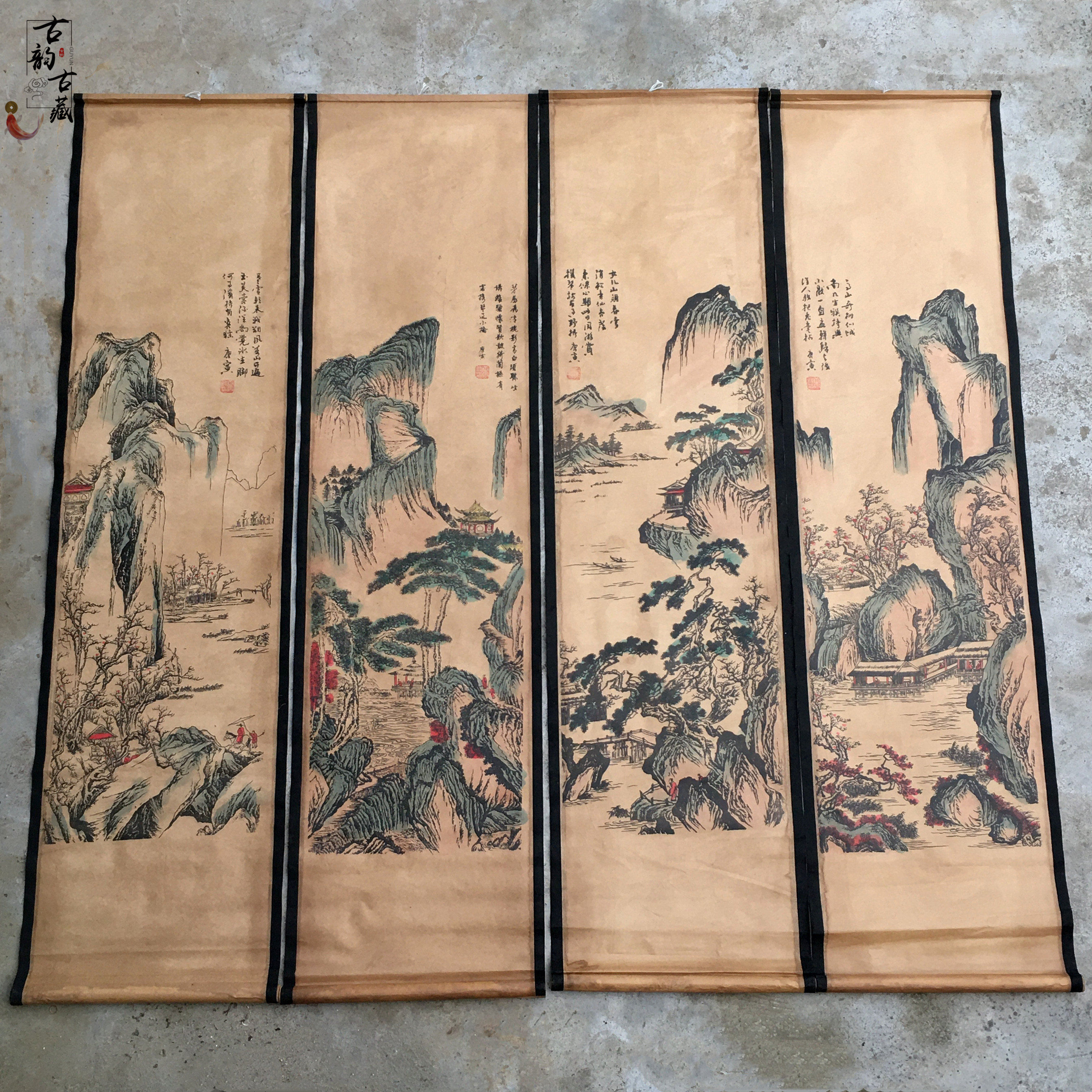 新款明代画家唐寅四条屏山水挂画仿古画古代名人家用客厅装饰中堂