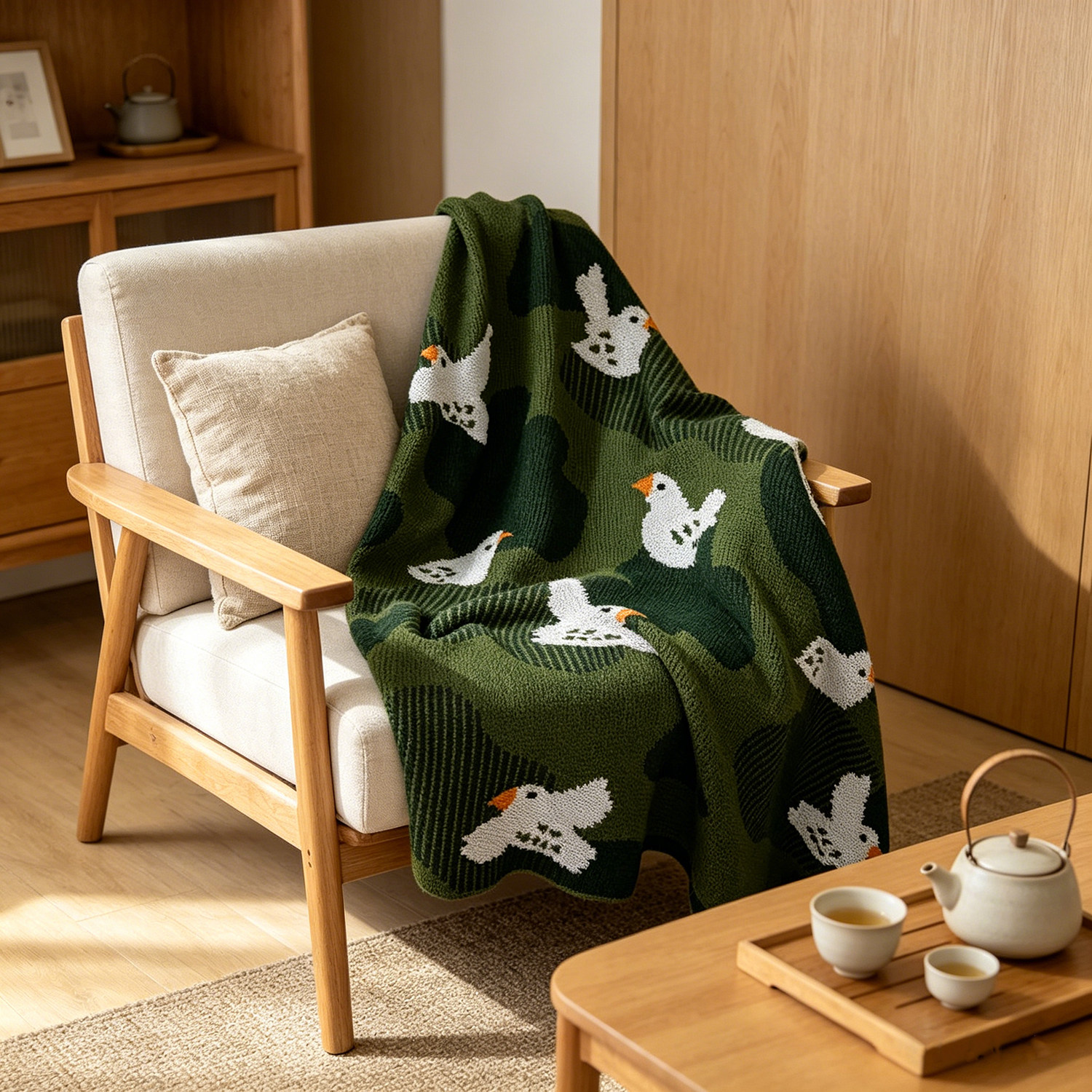 柔软舒适卡通动物针织毛毯绿色沙发盖毯休闲毯鸟类现代办公室午休
