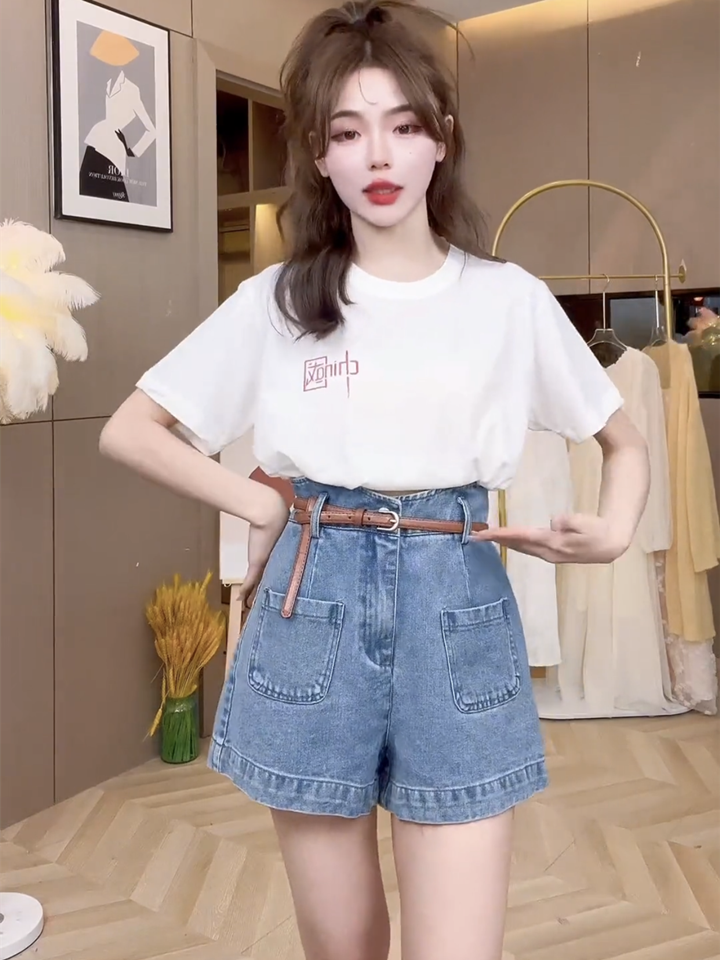 网红小个子时尚百搭高腰阔腿牛仔短裤女夏季宽松洋气长袖薄款衬衫
