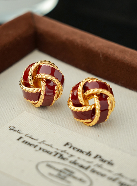 港风复古气质百搭秋冬红滴釉毛线球耳饰无耳洞女蚊香盘耳夹文艺