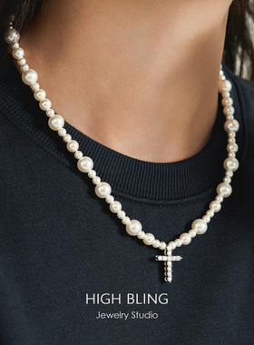 D色莫桑钻十字架珍珠锁骨项链