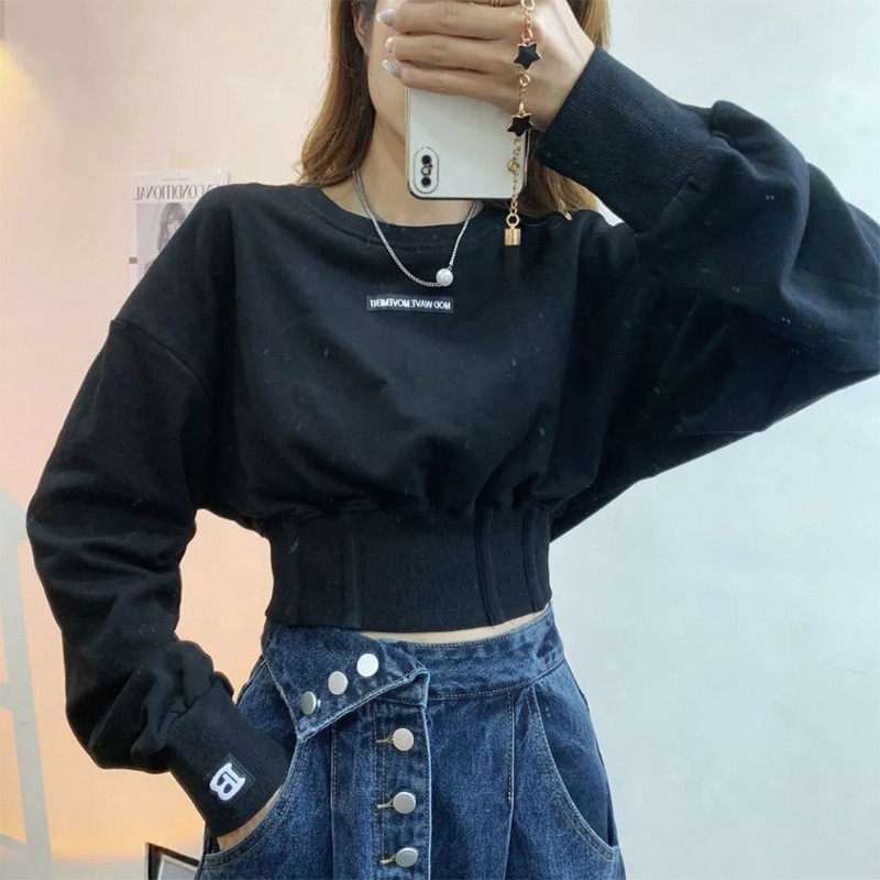 2023新款小个子短款白色卫衣女春秋装潮流收腰设计感小众长袖上衣