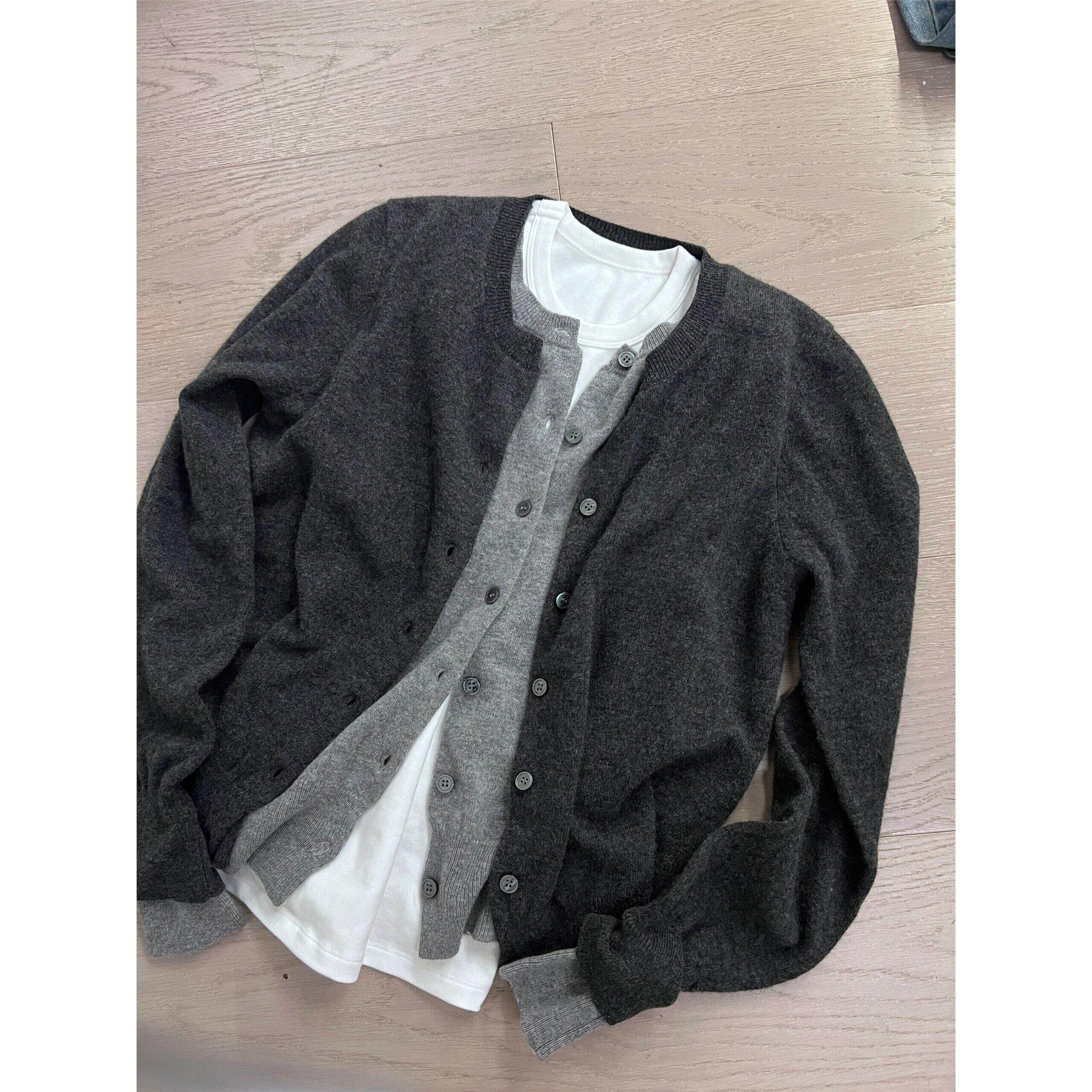 灰色假两件针织开 衫毛衣外套女春季圆领修身百搭设计感拼接上衣