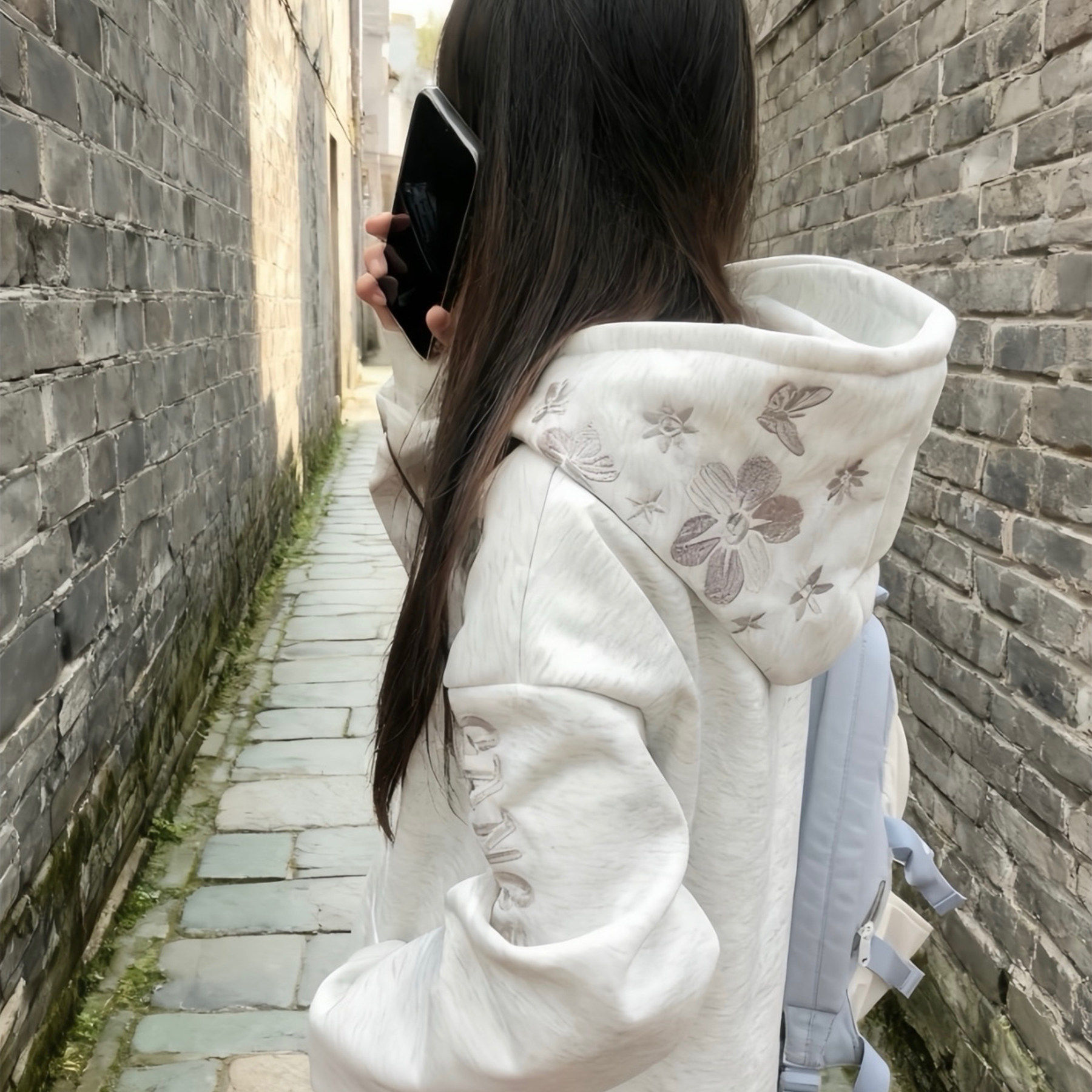 国潮牌美式重磅蝴蝶字母刺绣连帽卫衣女春季加厚宽松休闲帽衫外套