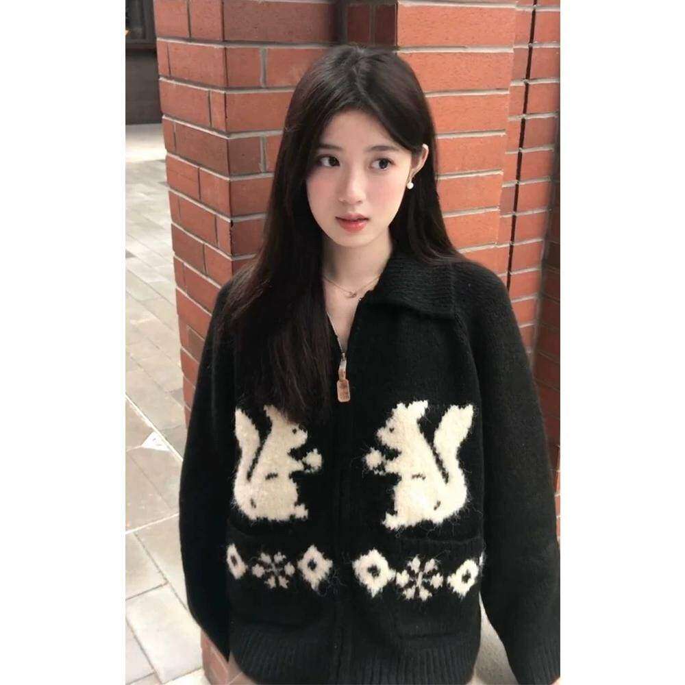 美式覆古甜美可爱兔子polo领针织衫外套女春秋宽松时尚休闲 上衣