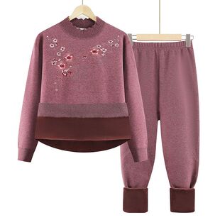 奶奶秋冬衣服加绒加厚老人两件套妈妈打底衫中老年保暖内衣套装女