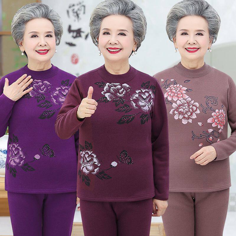 老人保暖内衣 女士加绒加厚套装 大码秋衣秋裤