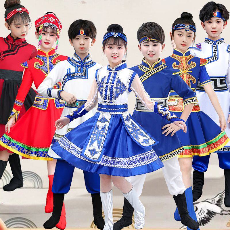 蒙古服族服装女儿童蒙古族舞蹈演出服袍白马蒙族民草原筷子舞服饰