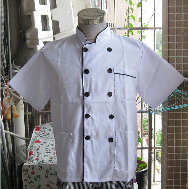 涤棉纱卡全白短袖厨师服