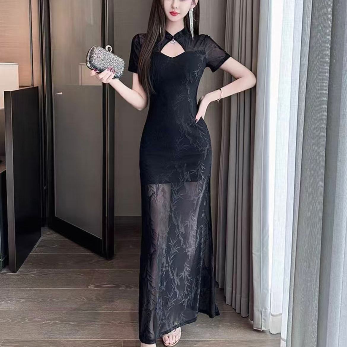 中式改良性感黑色旗袍连