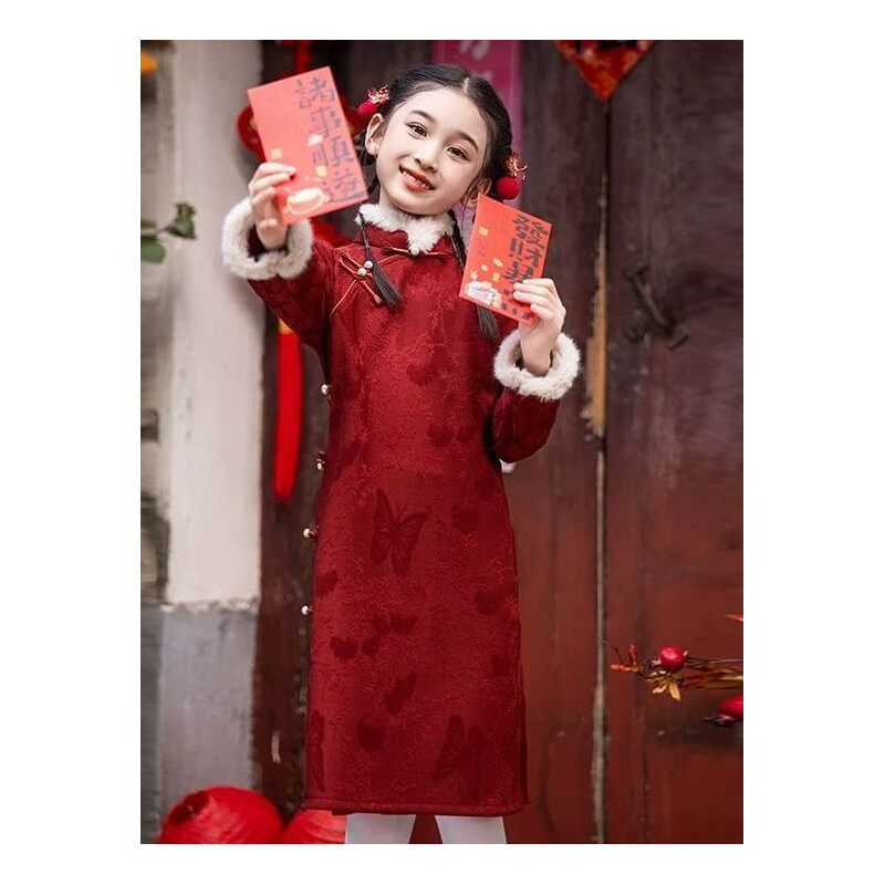 女童旗袍连衣裙红色礼服