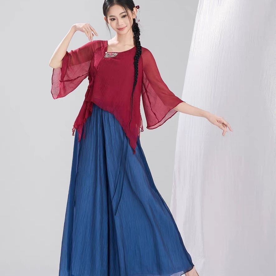 舞蹈服红色飘逸刺绣纱衣