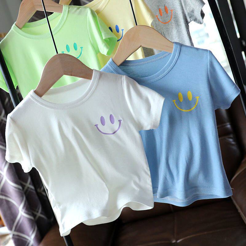 儿童夏季面膜T恤短袖莫代尔薄款男女童宝宝卡通半袖糖果色上衣