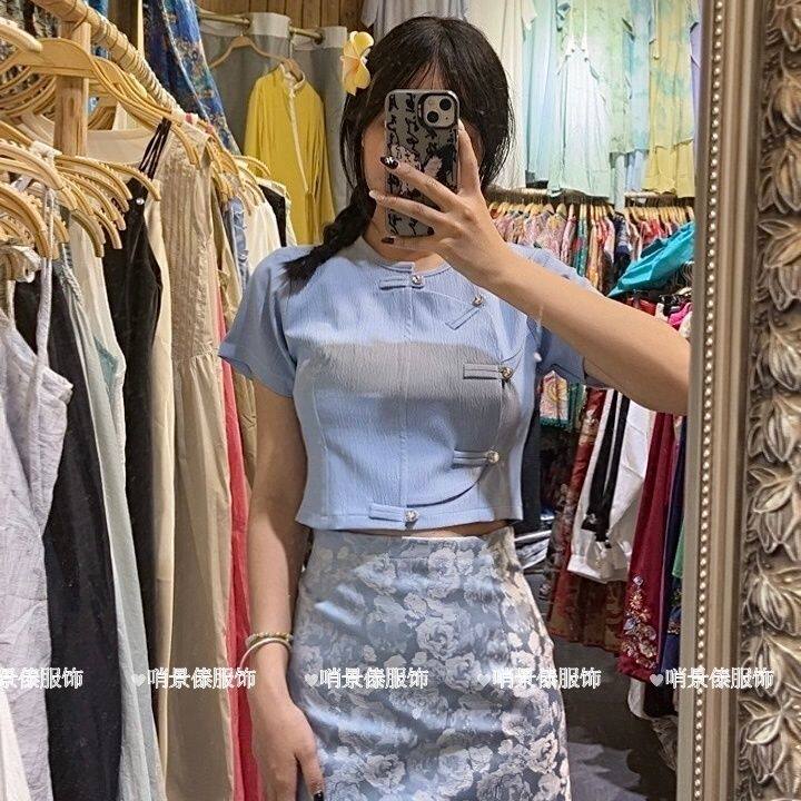 云南西双版纳傣族民族服装新款盘扣高腰筒裙传统日常新中式套装