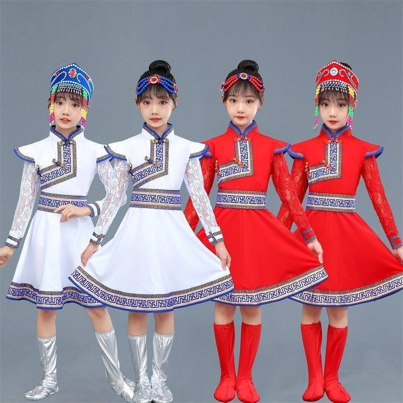 少数民族服装儿童蒙古蒙古族舞蹈演出服筷子女童六一蒙族长款女袍