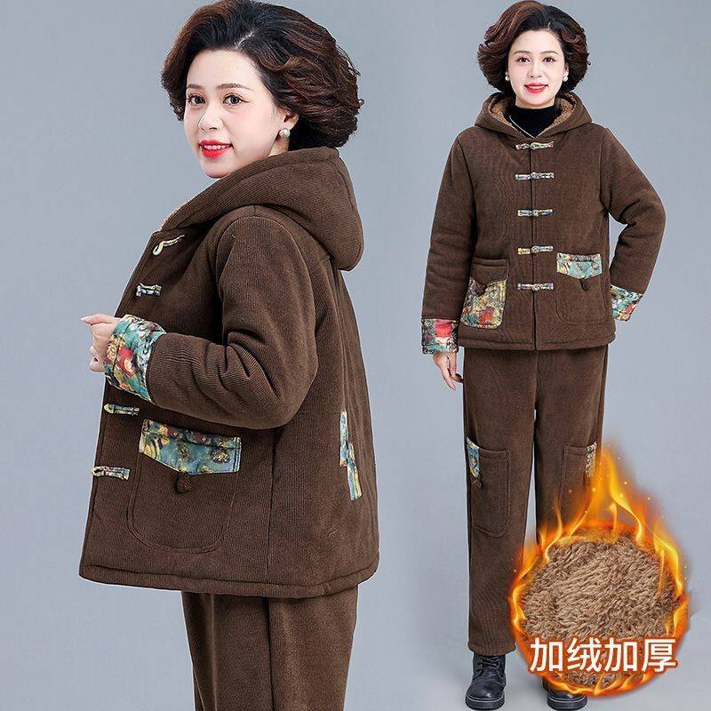 妈妈冬装棉衣套装加绒加厚外套洋气时尚中老年女装冬季棉服两件套