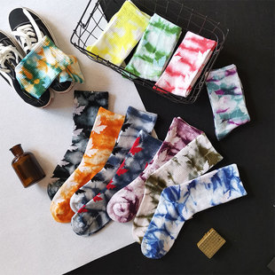 扎染袜子男女ins潮中高筒纯棉街头运动滑板篮球嘻哈长袜个性 百搭w