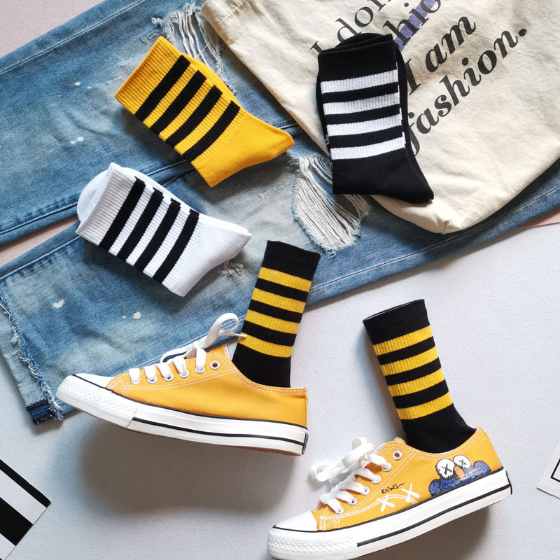 百搭四杠条纹黑色滑版学生长筒袜