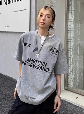 GGBAI 美式街头复古字母假俩件短袖T恤男女国潮宽松小众情侣上衣