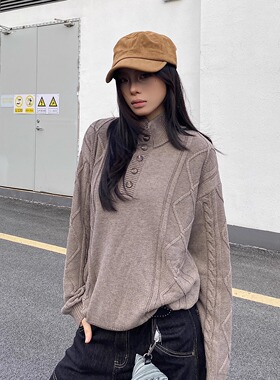 GGBAI 美式复古慵懒感老钱风立领毛衣女休闲百搭上衣秋冬新款ins