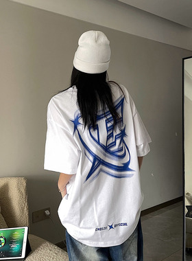 咕咕白 美式街头印花T恤男女oversize宽松圆领情侣短袖上衣ins潮