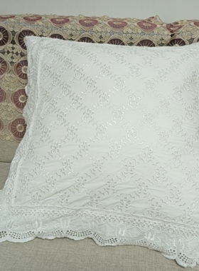 外贸纯棉大机绣花边抱枕套靠垫套65x65cm白色靠枕套沙发不含芯