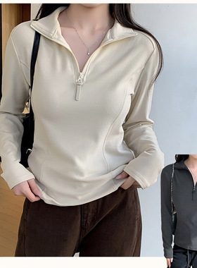 women semi-zipper winter top t-shirt velvet casual apricot