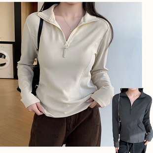 winter top casual semi apricot velvet zipper shirt women