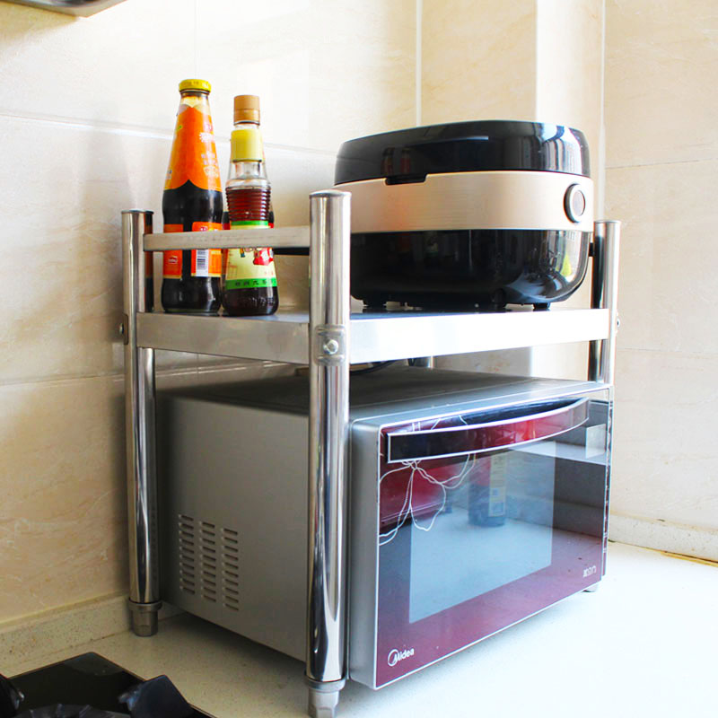 单层不锈钢厨房置物架台面落地架1层调料架微波炉烤箱架子带护栏